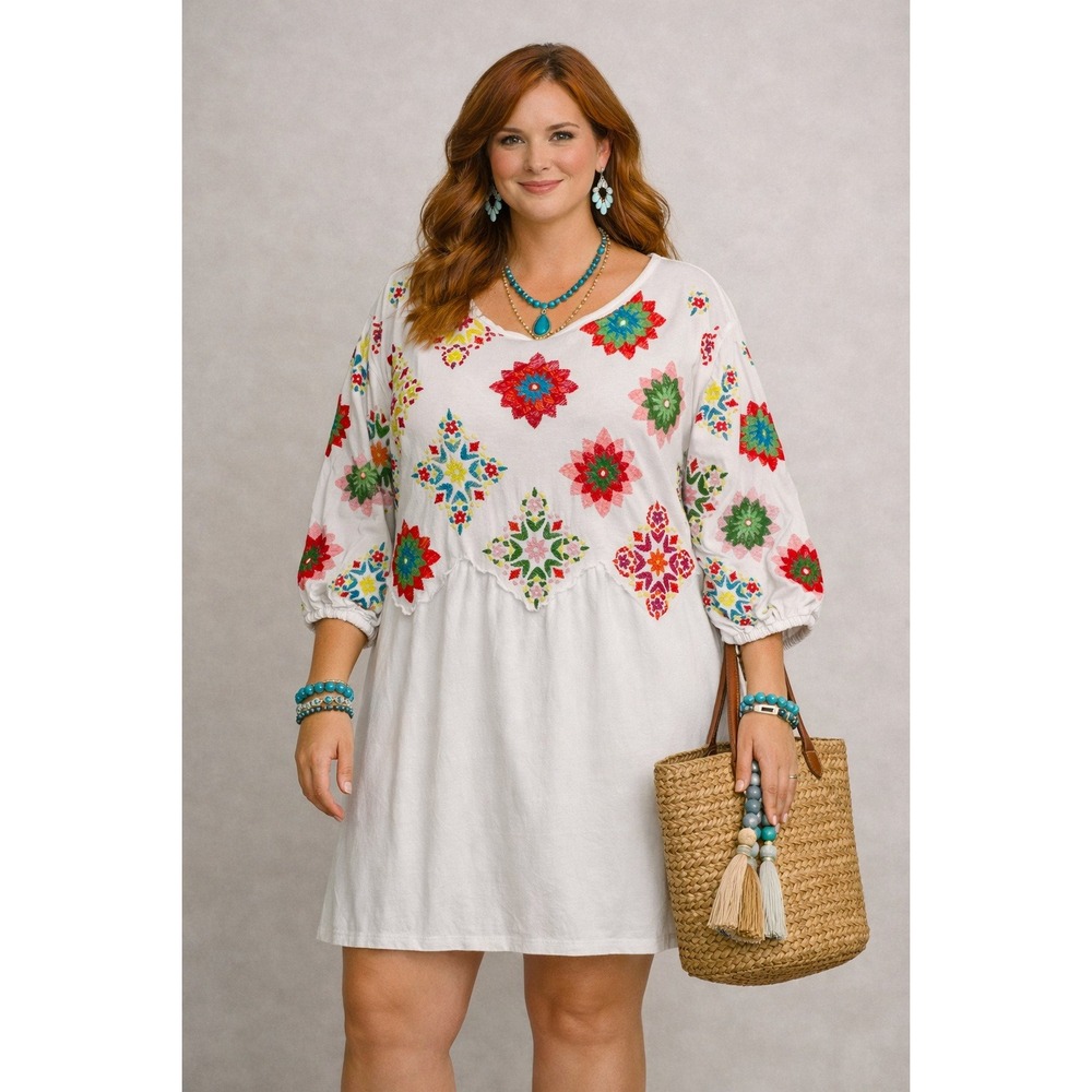 ASOS DESIGN Tunic Dress Womens 16 White Embroidered Boho Cottagecorecore Cotton‎